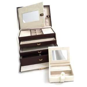 Bey Berk Ivory and Brown Leather Locking Travel Jewelry Box and Travel 