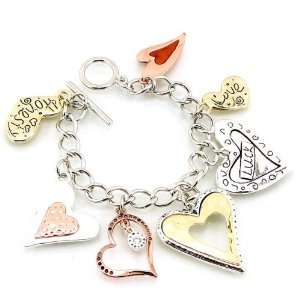  Silver Tone Vintage Style Charm Bracelet with 7 Heart Charms 